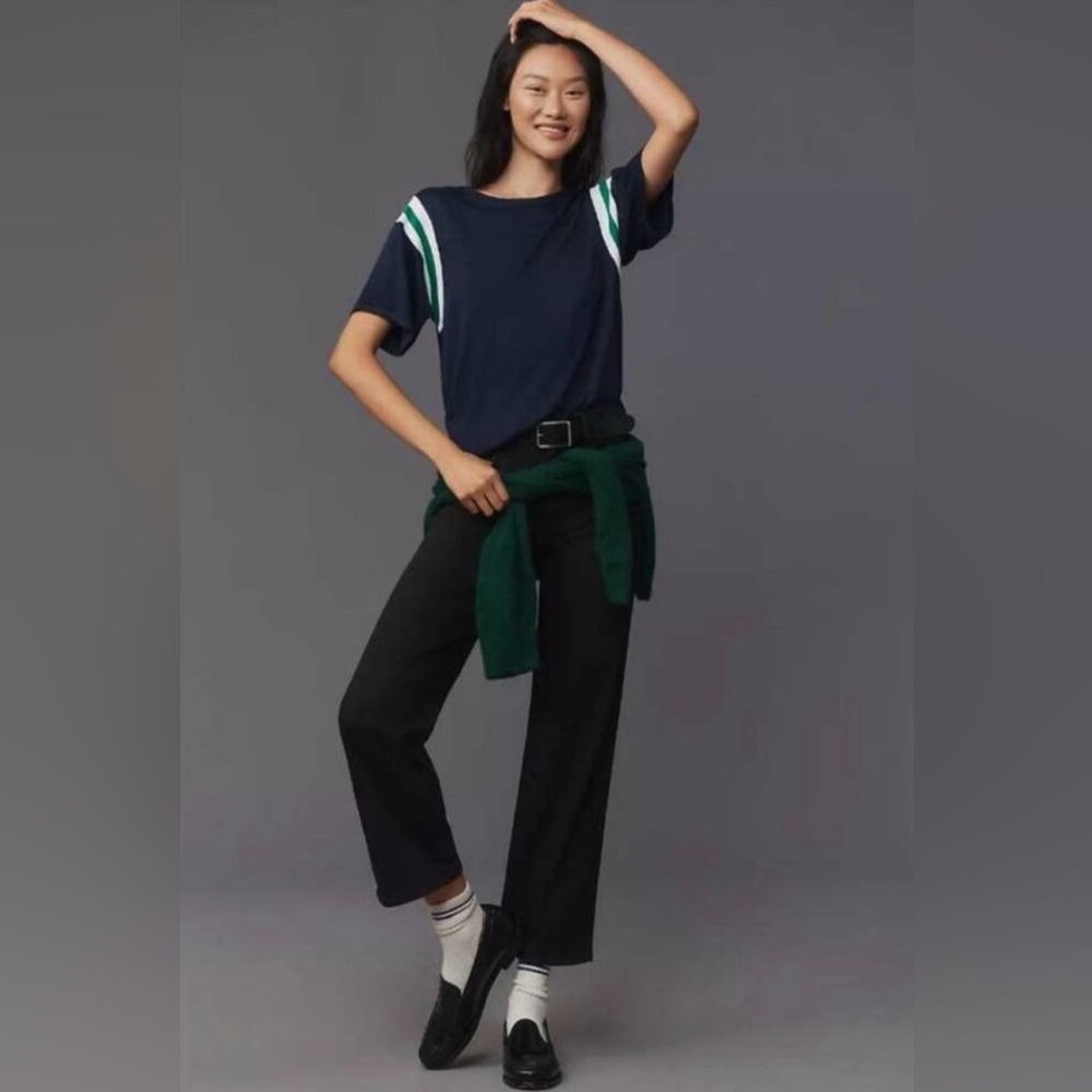 MOTHER Straight Leg Jeans in Black with Navy Top Accent